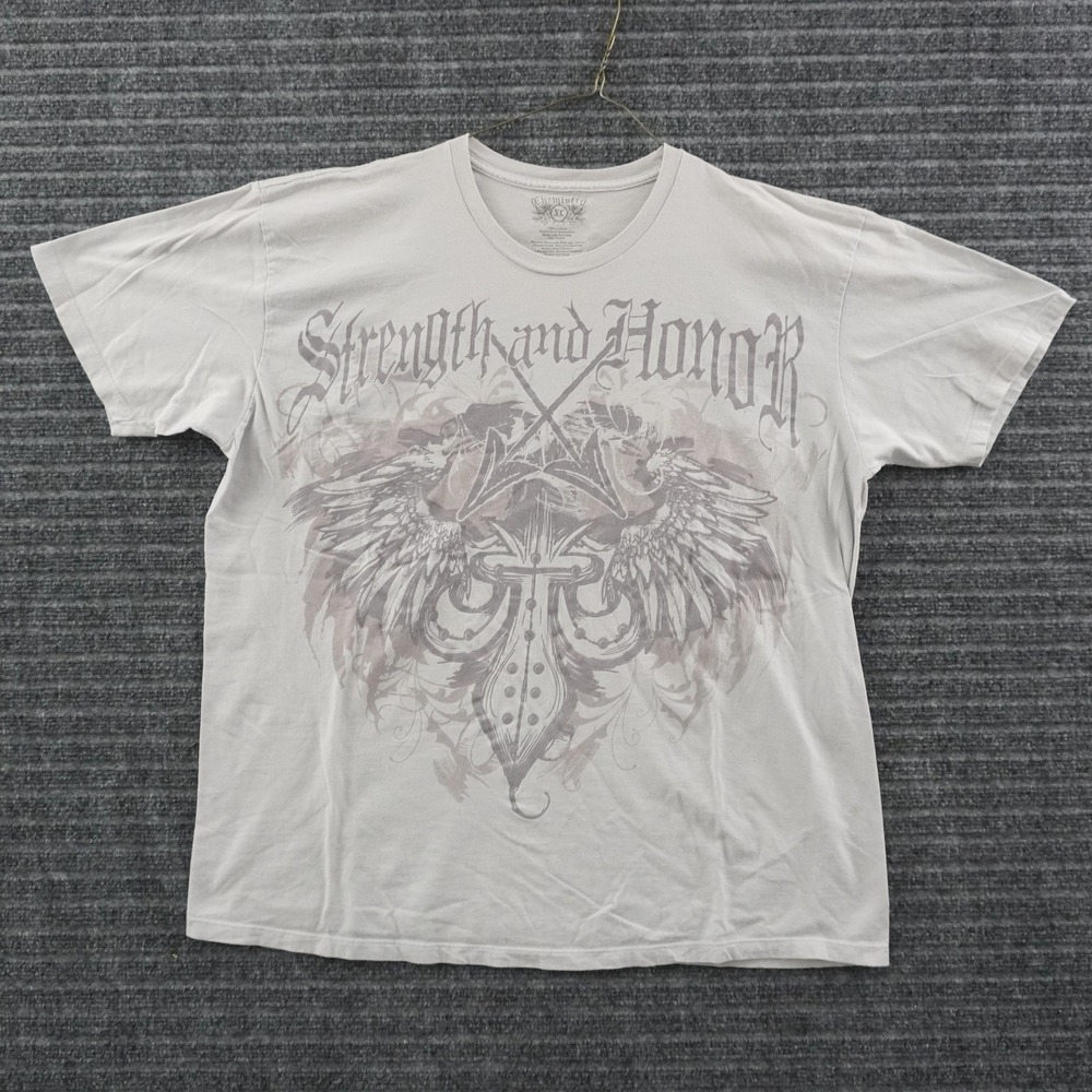 Y2K Chemistry Strength and Honor Graphic T-Shirt Men XL Gray Gothic Wings